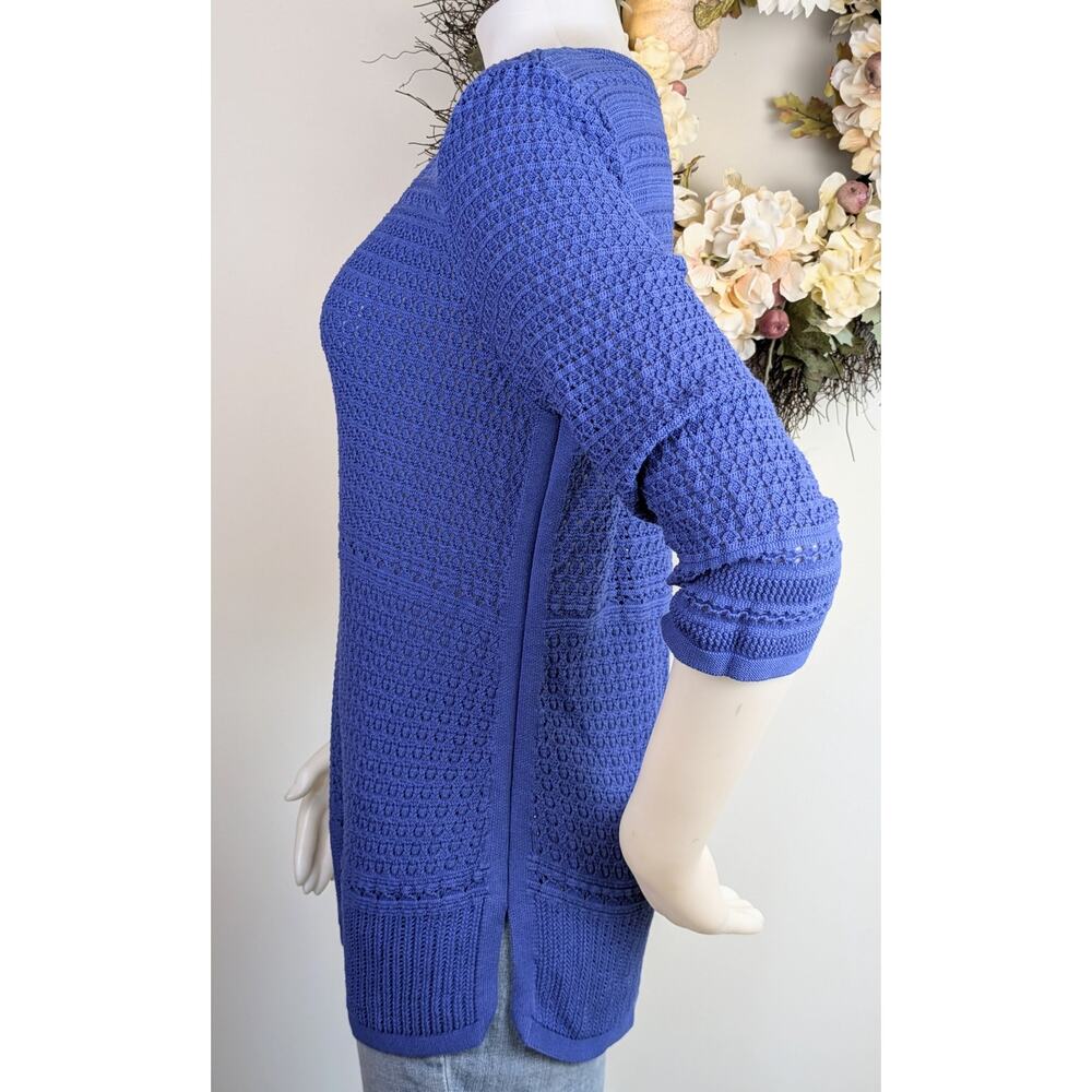Talbots Tunic Sweater Large Blue Open Weave 3/4 Sleeve Split V-Neck Relaxed - Picture 5 of 9